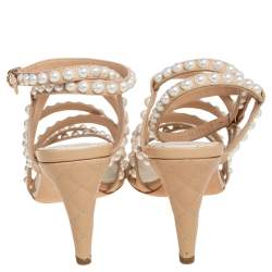 Chanel Beige Quilted Leather Pearl Embellished Ankle Strap Sandals Size 37.5