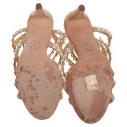 Chanel Beige Quilted Leather Pearl Embellished Ankle Strap Sandals Size 37.5