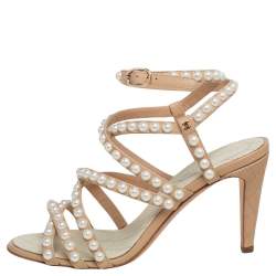 Chanel Beige Quilted Leather Pearl Embellished Ankle Strap Sandals Size  37.5 Chanel