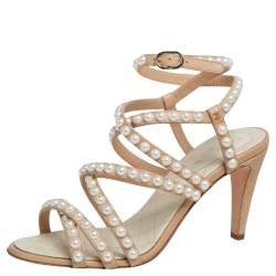 Chanel Beige Quilted Leather Pearl Embellished Ankle Strap Sandals Size 37.5