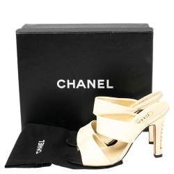 Chanel Cream Leather Pearl Embellished Heels Slide Sandals Size 37.5