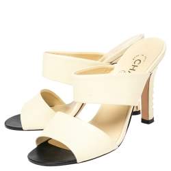 Chanel Cream Leather Pearl Embellished Heels Slide Sandals Size 37.5