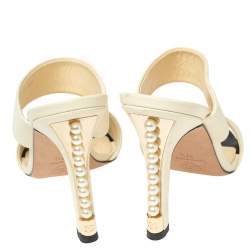 Chanel Cream Leather Pearl Embellished Heels Slide Sandals Size 37.5
