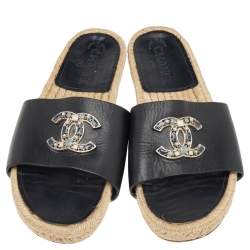 مملوكة مسبقًا Chanel Black Leather CC Espadrille Slides Flats Size 39