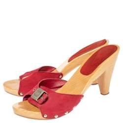 Pre Owned Chanel Red Suede CC Adjustable Buckle Wooden Clog Sandals Size 37 