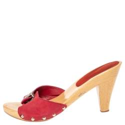 Pre Owned Chanel Red Suede CC Adjustable Buckle Wooden Clog Sandals Size 37 