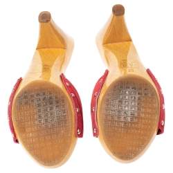 Pre Owned Chanel Red Suede CC Adjustable Buckle Wooden Clog Sandals Size 37 