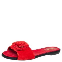 Pre Owned Chanel Red Suede Camellia Flat Sandals Size 39