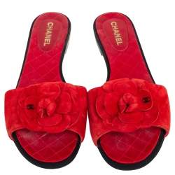Pre Owned Chanel Red Suede Camellia Flat Sandals Size 39