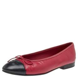 Chanel Red/Black Leather CC Cap Toe Bow Ballet Flats Size 36