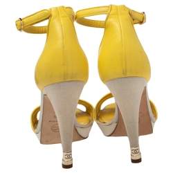 Chanel Yellow Canvas And Leather  Ankle Strap  Sandals Size 37.5