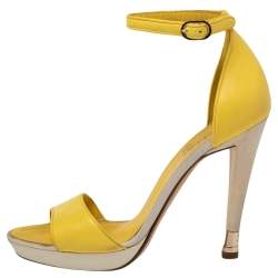 Chanel Yellow Canvas And Leather  Ankle Strap  Sandals Size 37.5