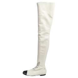 Chanel White Leather Cap Toe Thigh Over Knee High Boots Size 38 Chanel