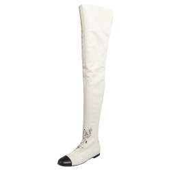 Chanel White Leather Toe Thigh Over Knee High Boots 38 Chanel | TLC