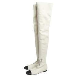 Chanel White Leather Cap Toe Thigh Over Knee High Boots Size 38