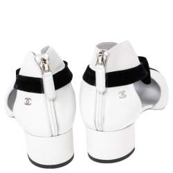Chanel White/Black Leather And Velvet Cap Toe CC Bow Cut Out Ankle Boots Size 39