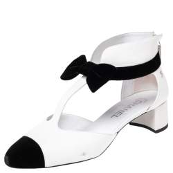 Chanel White/Black Leather And Velvet Cap Toe CC Bow Cut Out Ankle Boots Size 39