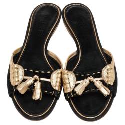 Chanel Black/Gold Suede And Leather CC Fringe Flat Slides Size 39.5 