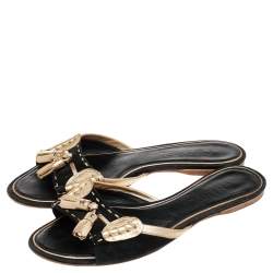 Chanel Black/Gold Suede And Leather CC Fringe Flat Slides Size 39.5 