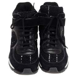 مملوكة مسبقًا Chanel Black Tweed And Leather CC High Top Sneakers Size 38.5