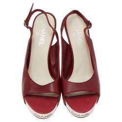 Pre Owned Chanel Red Leather CC Peep Toe Platform Slingback Sandals Size 40