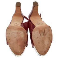 Pre Owned Chanel Red Leather CC Peep Toe Platform Slingback Sandals Size 40