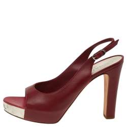 Pre Owned Chanel Red Leather CC Peep Toe Platform Slingback Sandals Size 40