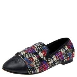 Pre Owned Chanel Multicolor Printed Tweed And Leather Loafers Size 40