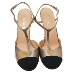 Chanel Multicolor Iridescent Leather And Fabric CC Pearl Embellished T Strap Sandals Size 40 