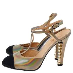 Chanel Multicolor Iridescent Leather And Fabric CC Pearl Embellished T Strap Sandals Size 40 