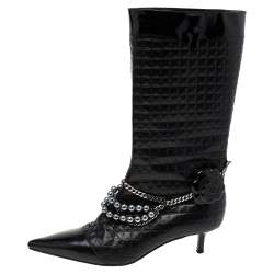 Chanel Black Leather Embellished Pointed Toe Mid Calf Boots Size 37.5