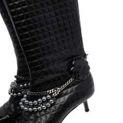 Chanel Black Leather Embellished Pointed Toe Mid Calf Boots Size 37.5