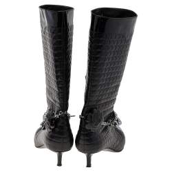 Chanel Black Leather Embellished Pointed Toe Mid Calf Boots Size 37.5