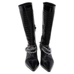Chanel Black Leather Embellished Pointed Toe Mid Calf Boots Size 37.5