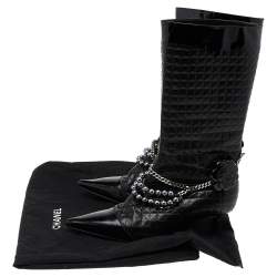 Chanel Black Leather Embellished Pointed Toe Mid Calf Boots Size 37.5
