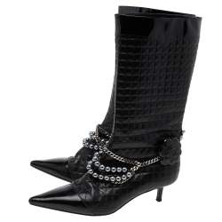 Chanel Black Leather Embellished Pointed Toe Mid Calf Boots Size 37.5