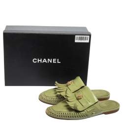 Chanel Green Quilted Leather Lion Fringe Flat Mules Size 38