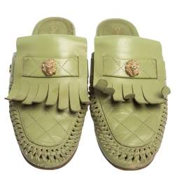 Chanel Green Quilted Leather Lion Fringe Flat Mules Size 38