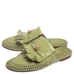 Chanel Green Quilted Leather Lion Fringe Flat Mules Size 38