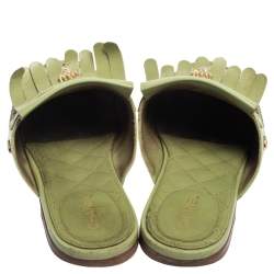 Chanel Green Quilted Leather Lion Fringe Flat Mules Size 38