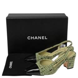 Pre Owned صندل شانيل جلد لامع وتويد أسود/أخضر مزين سي سي مقدمو سوداء فتحة كعب مقاس 38