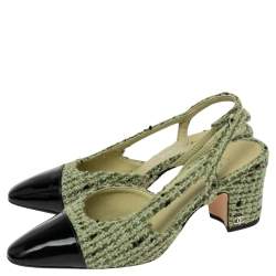 Pre Owned صندل شانيل جلد لامع وتويد أسود/أخضر مزين سي سي مقدمو سوداء فتحة كعب مقاس 38