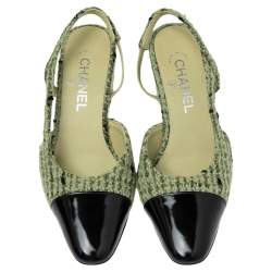 Pre Owned صندل شانيل جلد لامع وتويد أسود/أخضر مزين سي سي مقدمو سوداء فتحة كعب مقاس 38
