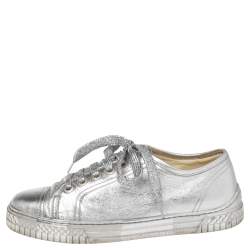 Pre Owned Chanel Metallic Silver Leather Lace Up Sneakers Size 38