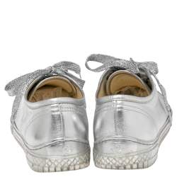 Pre Owned Chanel Metallic Silver Leather Lace Up Sneakers Size 38