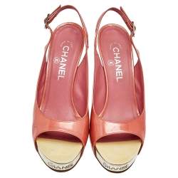 Chanel Orange Patent Leather Platform Slingback Sandals Size 38.5