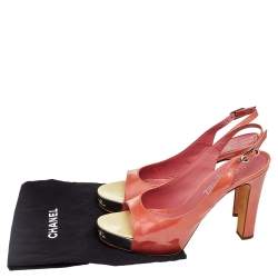 Chanel Orange Patent Leather Platform Slingback Sandals Size 38.5
