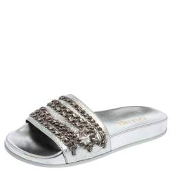 مملوكة مسبقًا Chanel Metallic Silver Leather CC Chain Embellished Flat Slides Size 39