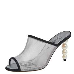 Chanel Silver Mesh And Canvas Pearl Heels Slide Sandals Size 39.5 Chanel