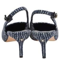 Pre Owned Chanel Blue/Black Tweed Cap Toe Slingback Pumps Size 39